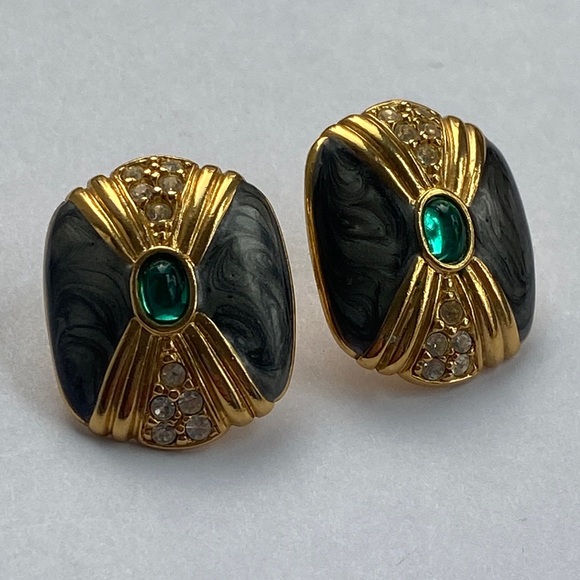 Kenneth Jay Lane Gold and Black Earrings with Green Accent - Picture 3 of 4